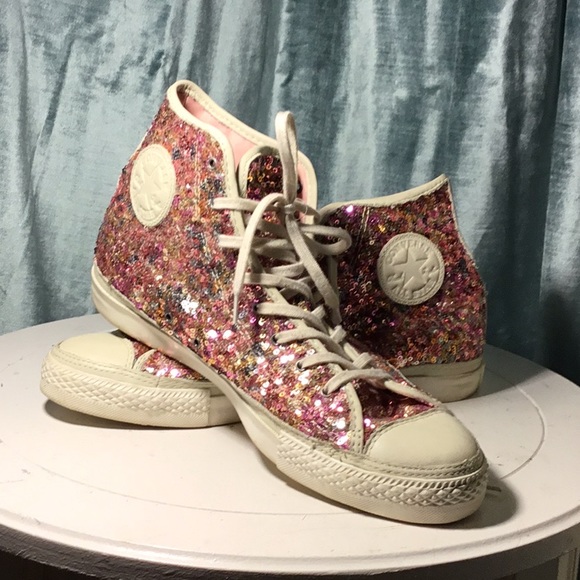 pink sequin high top sneakers